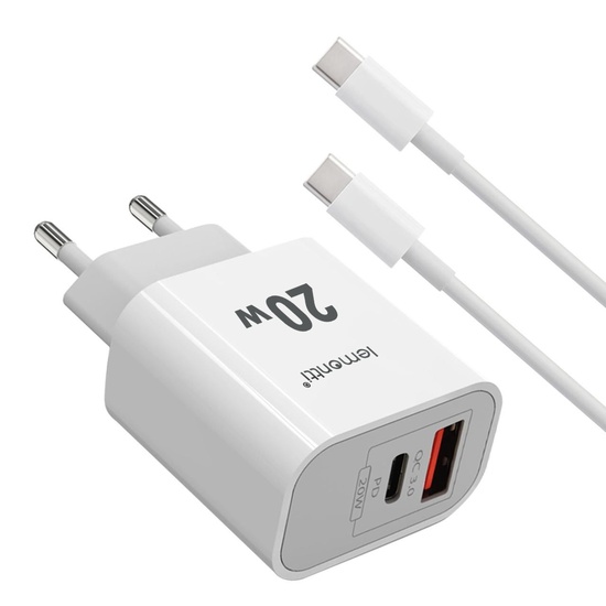 Lemontti Fast Charge Network Charger 20W 1 x PD Type-C + 1 x USB-A Quick Charge 3.0 and Type-C-Type-C cable 20W 1m White