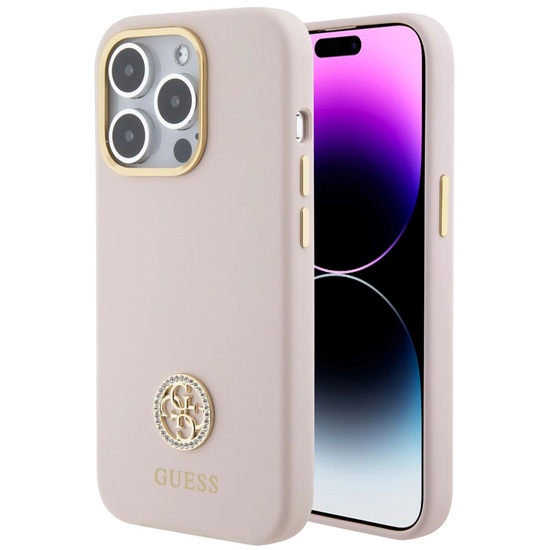 Custodia Guess Silicone Liquido 4G Strass Metal Logo iPhone 15 Pro Rosa