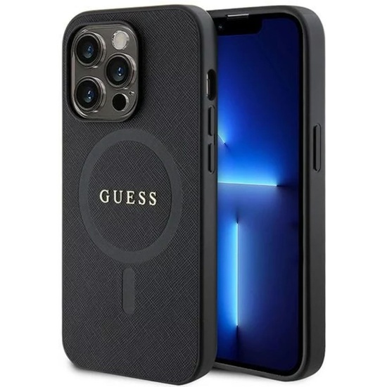 Guess Saffiano MagSafe iPhone 15 Pro Hoesje Zwart