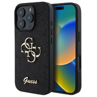 Custodia Guess fissa con glitter 4G logo in metallo per iPhone 16 Pro nera