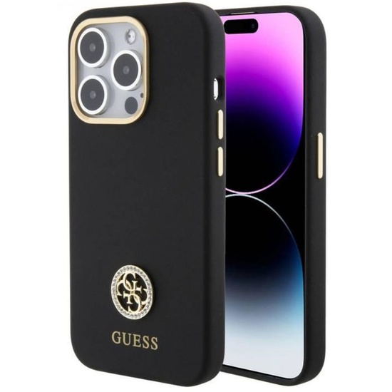 Guess Case Liquid Silicone 4G Strass Metal Logo iPhone 15 Pro Max Black