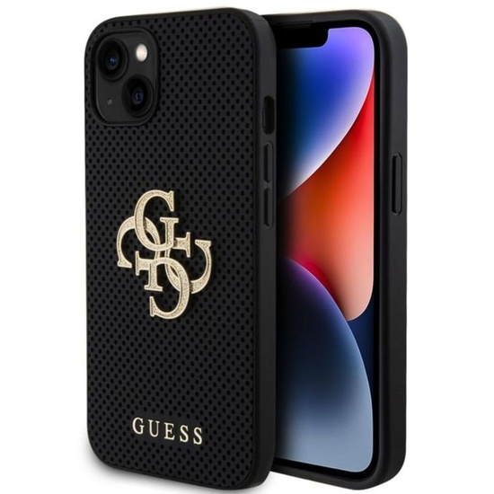 Guess Hoesje Geperforeerd 4G Glitter Metaal Logo iPhone 15 Zwart