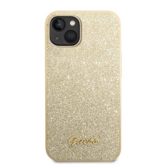 iPhone 14 Plus Hülle Guess Glitter TPU Flakes Script Metal Logo Gold