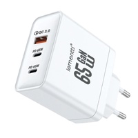 Lemontti Netzwerkladegerät GaN 2x Typ-C und 1x USB-A, 65W, Schnellladung, EU-Stecker, Weiß