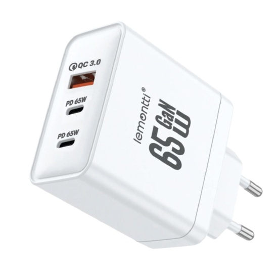 Lemontti Network Charger GaN 2x Type-C and 1x USB-A, 65W, Fast Charge, EU Plug, White
