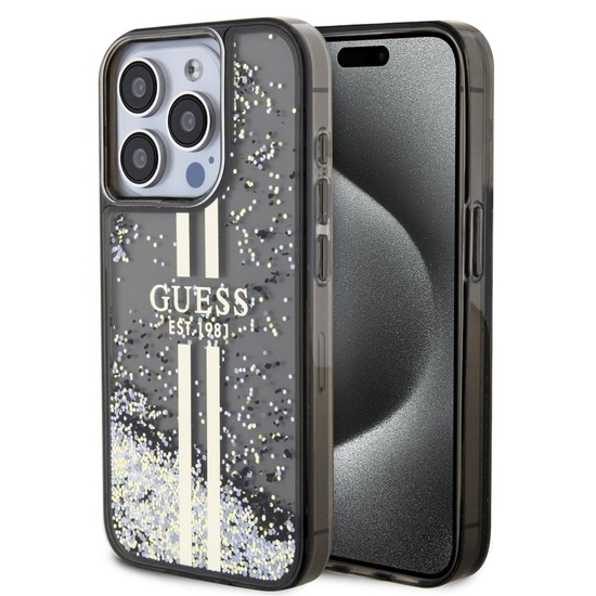 Custodia Guess Liquid Glitter Gold Stripe per iPhone 15 Pro nera