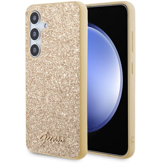 Custodia Guess in TPU Glitter Flakes Logo in Metallo per Samsung Galaxy S24 Oro