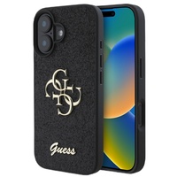 Custodia Guess fissa con glitter 4G logo in metallo per iPhone 16 nera