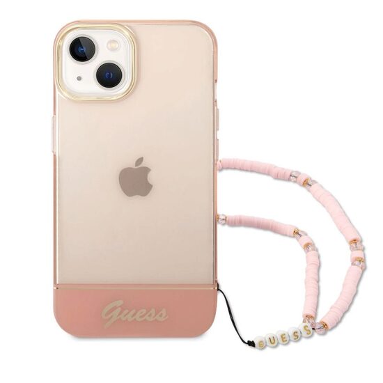 Custodia per iPhone 14 Plus Guess TPU Camera Outline cinturino traslucido rosa