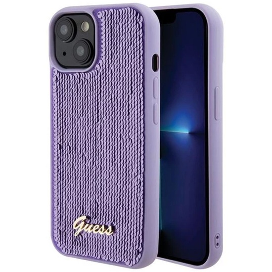 Custodia Guess con logo in paillettes per iPhone 15 viola