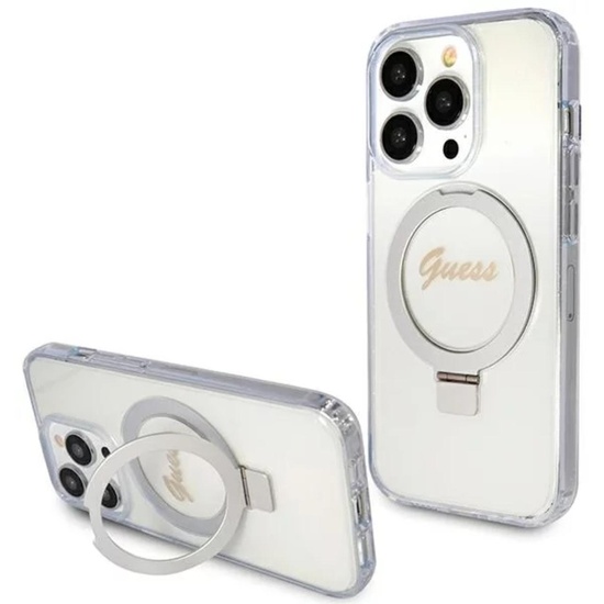 Guess Husa Ring Stand Glitter MagSafe iPhone 15 Pro Trasparente