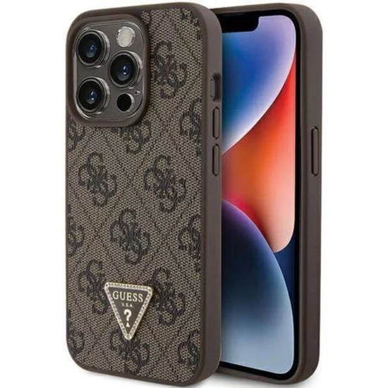 Funda Guess PU 4G con logo metálico y triángulos de strass para iPhone 15 Pro, color marrón