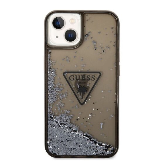 Custodia per iPhone 14 Guess Liquid Glitter Translucent Triangle Logo Nero