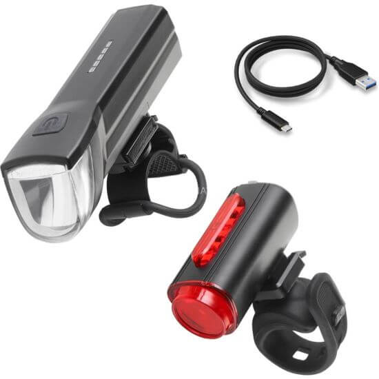 Kit luci bici Twin Fischer, angolo 360°, ricarica USB, Led 30 lux