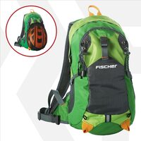 Zaino da bicicletta con rete per casco, tasca per sistema di idratazione, copertura antipioggia, Fischer, verde con grigio