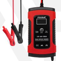 Raddrizzatore digitale per batteria auto con display LCD, auto e moto, Foxsur, 12V/5A, 4Ah-100Ah, funzione riparazione batteria tramite impulsi, rosso con nero
