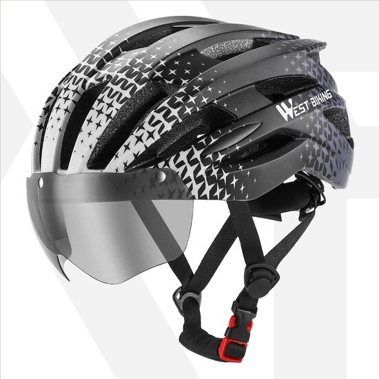 Casco ciclismo da strada e MTB con visiera magnetica removibile, spia led con ricarica usb, aerodinamico, ultraleggero, 24 canali di ventilazione, sistema di regolazione, taglia L (56-61 cm), EPS+PC, West Biking, nero