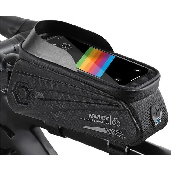 Borsa da bicicletta con copertura impermeabile per telefono, montaggio su manubrio e telaio, compatibile con telefoni fino a 18 cm di lunghezza, spazio di archiviazione 1,5 L, portacavo per cuffie, logo riflettente, West Biking, nero