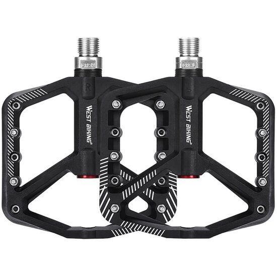 Pedali bici MTB e città, con tacchette, modello largo, ergonomici, antiscivolo, ultraleggeri, impermeabili, antipolvere, cuscinetto DU, 11,2 x 8,7 x 1,5 cm, acciaio e nylon, West Biking, nero, set di 2 pedali
