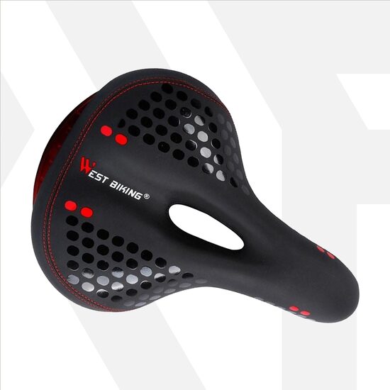 Sella MTB con fermo riflettente rosso e memory foam, ergonomica, impermeabile, resistente agli urti, 27,5 x 19,5 x 9 cm, poliuretano, West Biking, nera con rosso