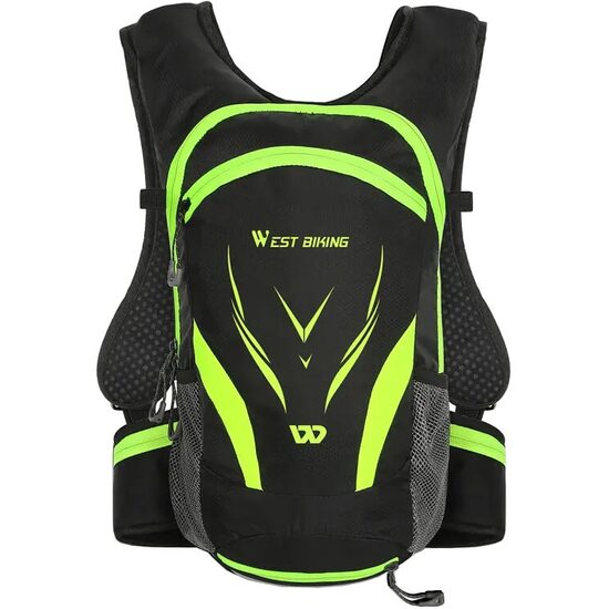 Zaino da trekking, ciclismo, ultraleggero, impermeabile, tasca per sistema di idratazione, materiale traspirante, portacasco, 16L, West Biking, nero con verde