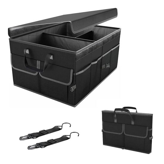 Kofferbakorganizer, 8 vakken, opvouwbaar, meerdere vakken met deksel, riemclip, universele pasvorm, polyester, 55 x 40 x 26 cm, Roll Fast, zwart