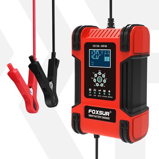 Intelligente autogelijkrichter met impulsreparatiefunctie, Foxsur, 12V 12A 24V 6A, 7 laadfasen, 9 bedrijfsmodi, Switchmode-technologie, LCD-scherm, auto, motorfiets, vrachtwagen, caravan, rood met zwart