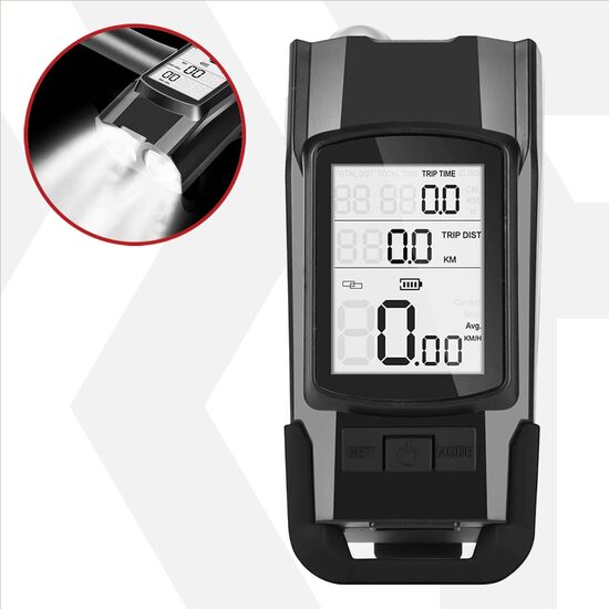 Ordenador multifuncional para bicicleta, inalámbrico, múltiples funciones incluyendo kilometraje, velocímetro, faro delantero LED para bicicleta con 4 modos de iluminación, luz delantera, linterna LED, bocina de 120 dB, pantalla LCD, batería recargable 2 x 2000 mAh