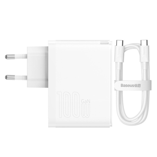 Baseus Network Charger Set 100W, GaN5 Pro Quick Charge, 1 x USB Type-C, cable Type-C to USB Type-C 100W, 1m, White