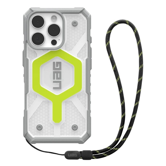 Funda UAG Pathfinder transparente MagSafe para iPhone 16 Pro con cordón de neón activo