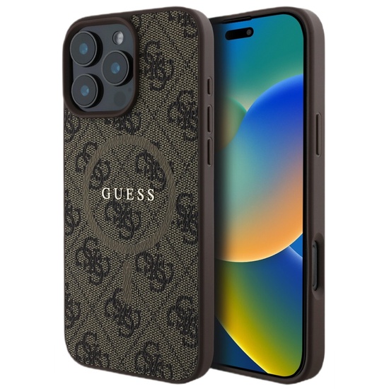 Étui Guess en cuir PU 4G avec anneau coloré MagSafe pour iPhone 16 Pro Max Marron