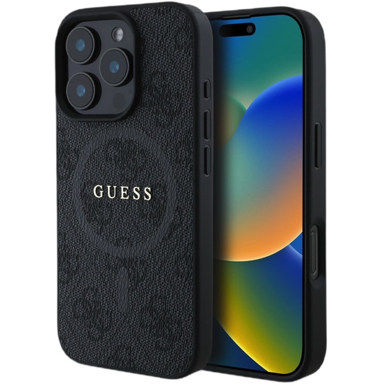 Étui Guess en cuir PU 4G avec anneau coloré MagSafe pour iPhone 16 Pro Noir
