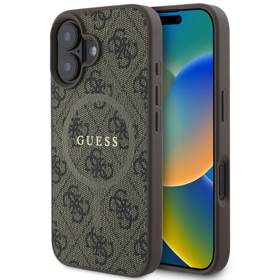 Étui Guess en cuir PU 4G avec anneau coloré MagSafe pour iPhone 16 Marron