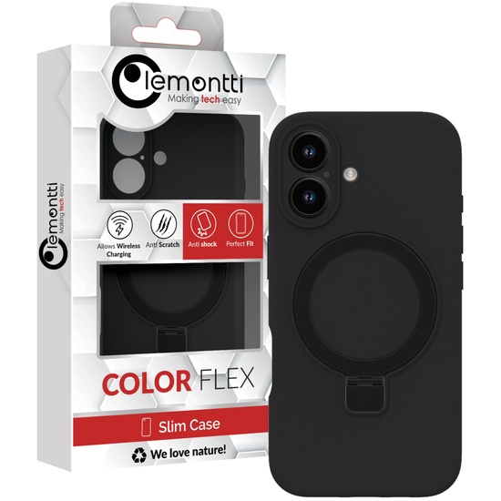 Lemontti Liquid Silicon MagSafe iPhone 16 Hülle, mit Ständer, Schwarz