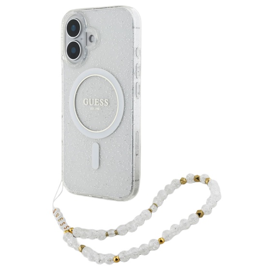 Guess Husa Glitter MagSafe Beads Strap iPhone 16 Transparent