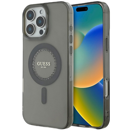 Coque Guess avec anneau strass MagSafe pour iPhone 16 Pro Noir