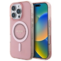 Guess Husa Rhinestones Ring MagSafe iPhone 16 Pro Roz