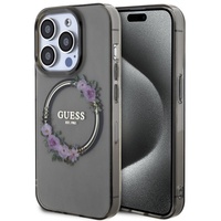 Guess Case Flowers Ring Logo Glossy MagSafe iPhone 15 Pro Schwarz