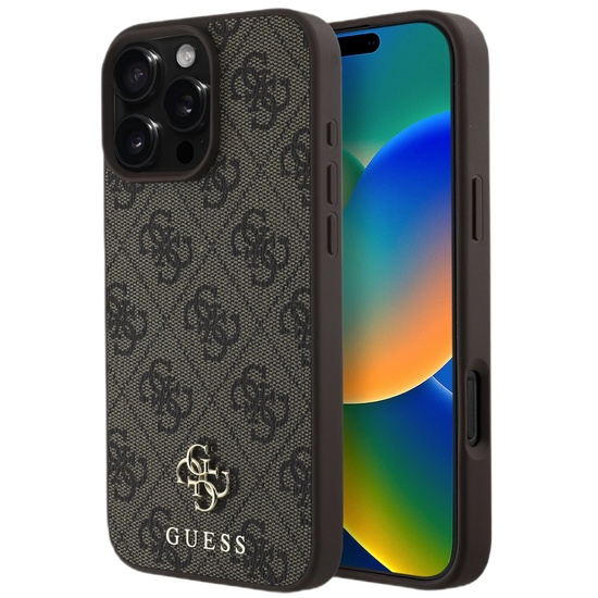 Guess Case PU 4G Kleines Metalllogo MagSafe iPhone 16 Pro Max Braun