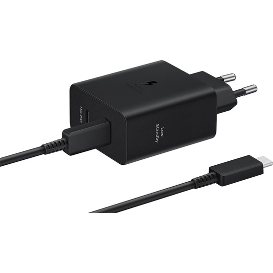 Samsung Netzwerk-Ladegerät-Set Super Fast Charger Common Duo 50W, 2 x USB Typ-C, Kabel Typ-C - Typ-C (5A), Schwarz