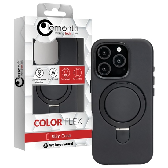 Lemontti MagSafe leren hoesje met standaard ring iPhone 16 Pro zwart