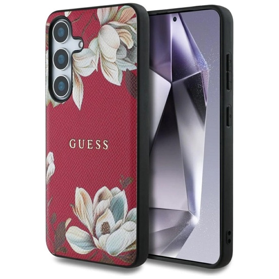 Guess hoesje met korrelig bloemenpatroon MagSafe Samsung Galaxy S25 fuchsia