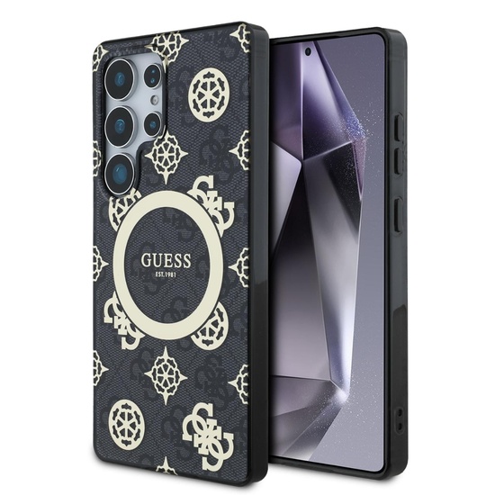 Guess Case 4G Goud Gegalvaniseerd Pioenmotief Samsung Galaxy S25 Ultra Zwart