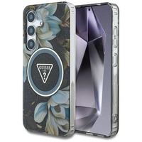 Guess Husa Glitter Flowers Triangle Buttons MagSafe Samsung Galaxy S25 Negru