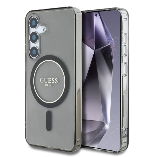 Guess Husa Glitter Circle Classic Logo MagSafe Samsung Galaxy S25 Negru