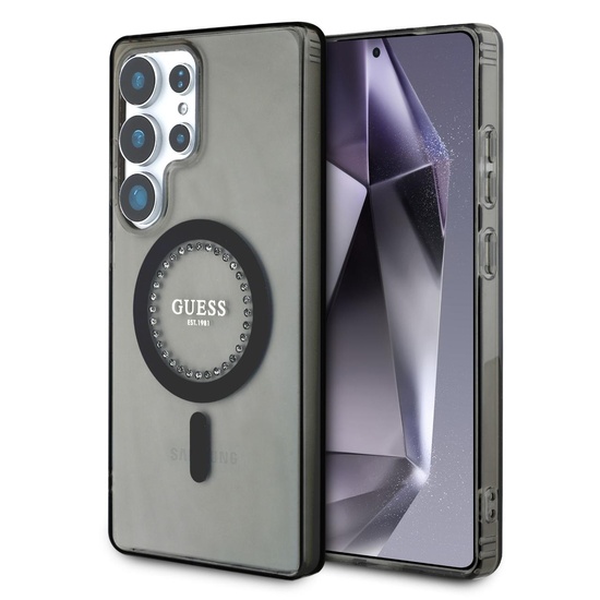 Guess Husa Rhinestones Ring MagSafe Samsung Galaxy S25 Ultra Negru