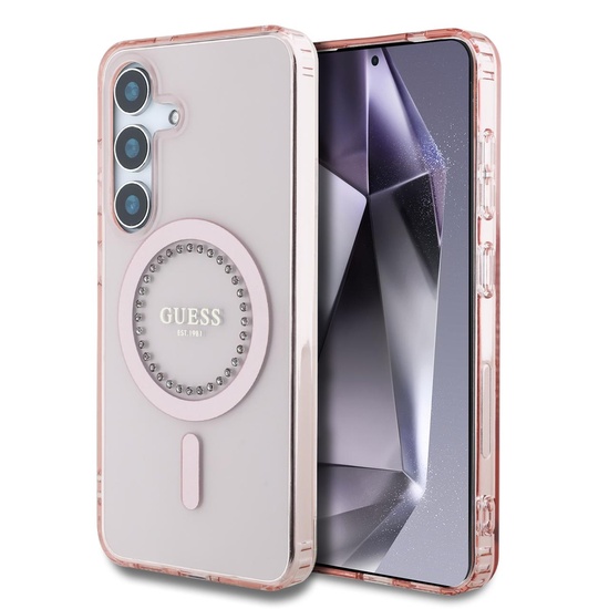 Guess Case Rhinestones Ring MagSafe Samsung Galaxy S25 Pink