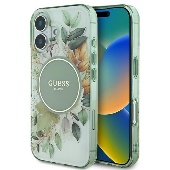 Guess Husa Flower & Tonal Circle MagSafe iPhone 16 Verde