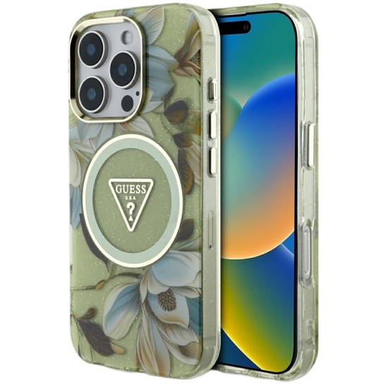 Guess Husa Glitter Flowers Triangle Buttons MagSafe iPhone 16 Pro Verde