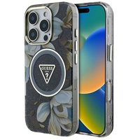 Guess Husa Glitter Flowers Triangle Buttons MagSafe iPhone 16 Pro Negru